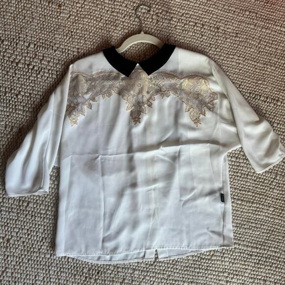 Cop Copine Tops - Cop Copine Paris White Blouse with Embroidered Lace Mesh Overlay Collar Top S